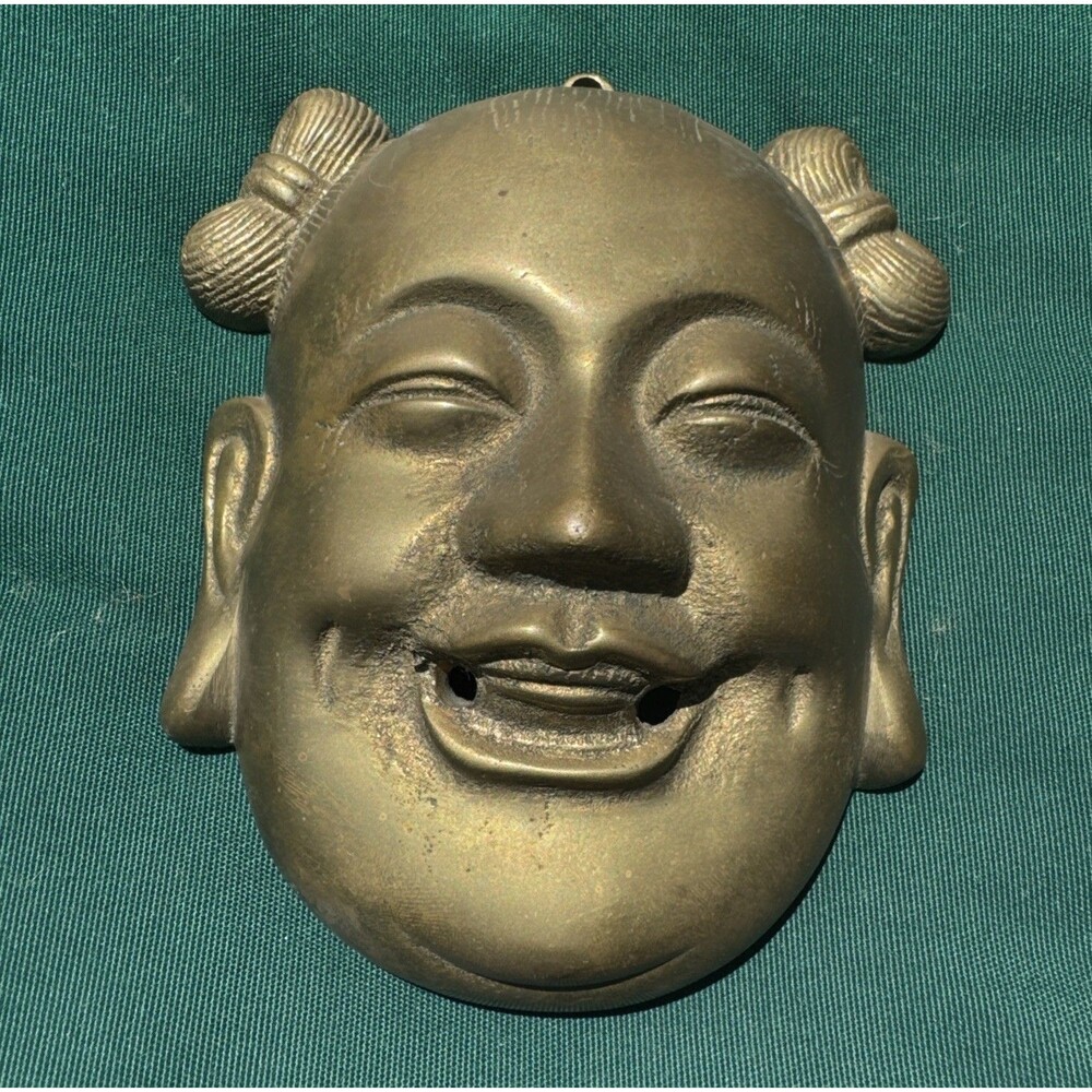 Vintage Brass Laughing Buddha Wall Mask Budai Hong Kong Decor 6"